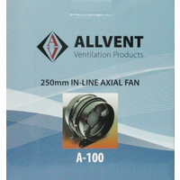 Fan Inline 250mm axial fan 230lps 828 cubic mtrs/hr - Allvent A100 -C4 - 0
