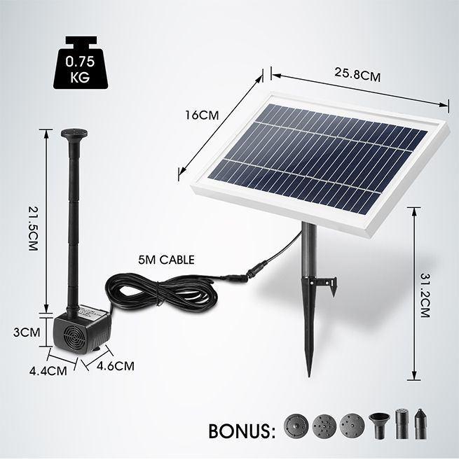 Solar pump 10W - water pump with solar panel no battery submersible 5m cable up to 1.5m lift at max light