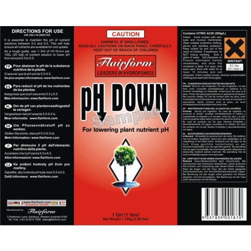Flairform pH Down 1Litre - safer for posting - Citric Acid - less concentrated